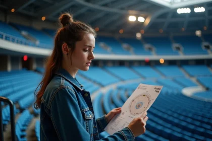 Jeune femme consultant un plan de salle de concert dans une grande arène avant le spectacle, erreurs de placement à éviter