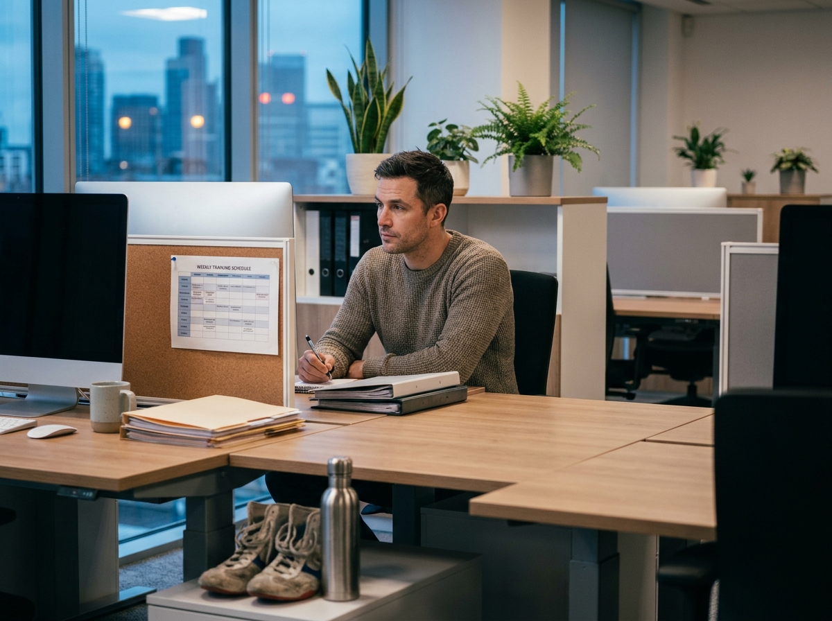 Homme au bureau consultant un planning d'entraînement de boxe affiché près de son écran avec des chaussures de boxe sous le bureau, illustrant l'organisation pour allier sport et travail