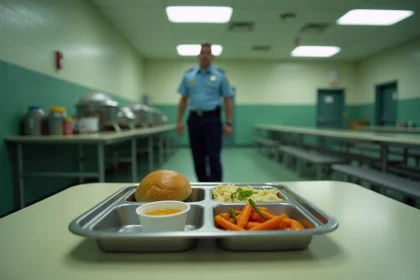 Plateau-repas en prison posé sur une table de cantine institutionnelle avec repas réglementaire servi par l'administration pénitentiaire