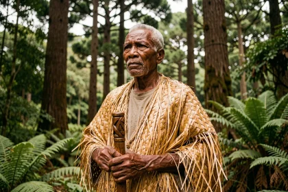Portrait d'un ancien kanak en tenue traditionnelle devant la forêt de Nouvelle-Calédonie, symbole de la résistance kanak