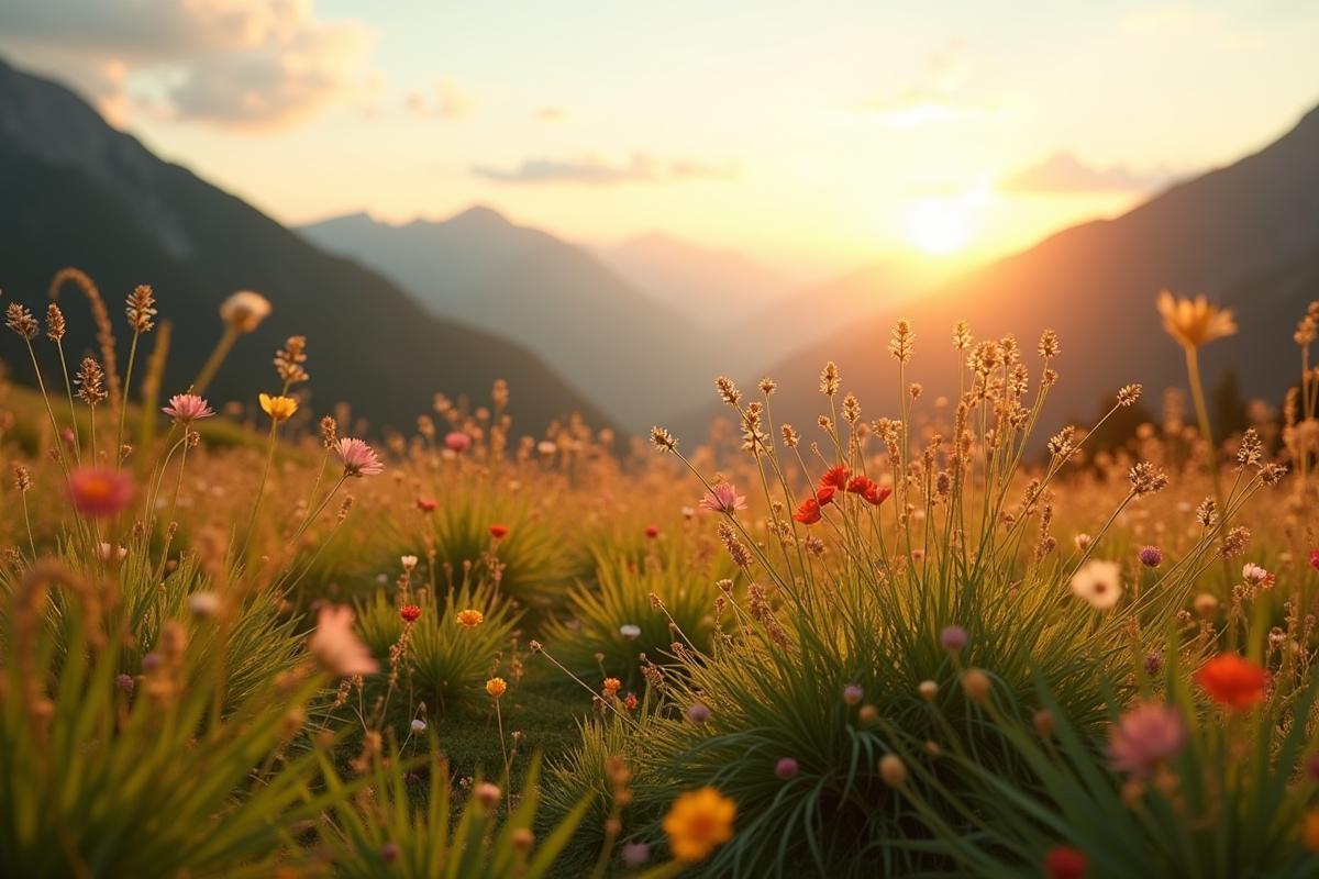 Prairie alpine ensoleillée avec fleurs sauvages et montagnes en arrière-plan