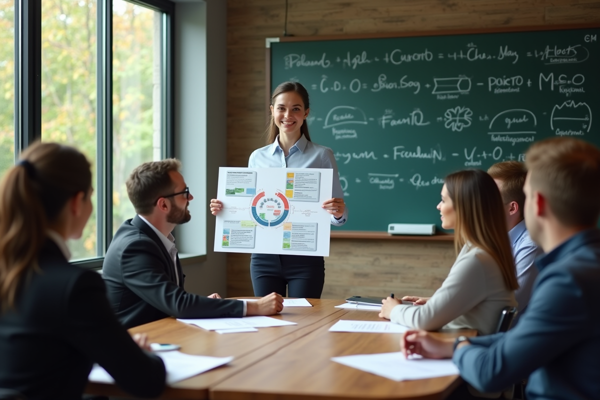 Jeune femme présentant une infographie économique à un groupe