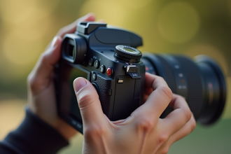Personne ajustant les réglages d'une caméra DSLR en plein jour