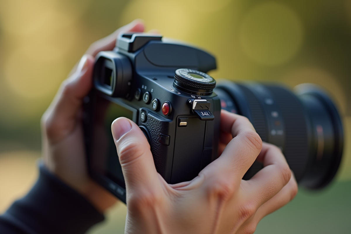 Personne ajustant les réglages d'une caméra DSLR en plein jour