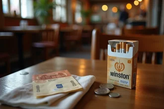 Paquet de cigarettes Winston posé sur une table en bois avec des pièces en euros et une étiquette de prix en Allemagne