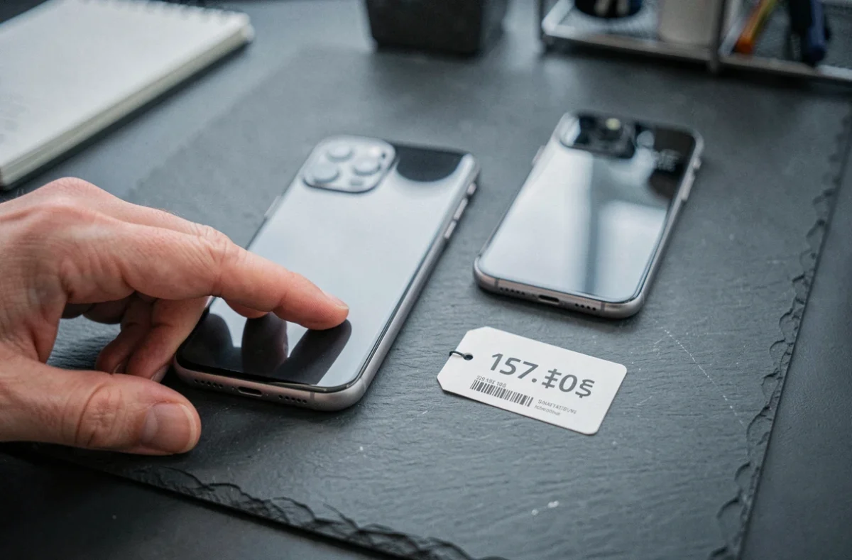 Vue de dessus de deux iPhones avec étiquettes de prix sur une surface ardoise, illustrant la différence de coût entre les modèles