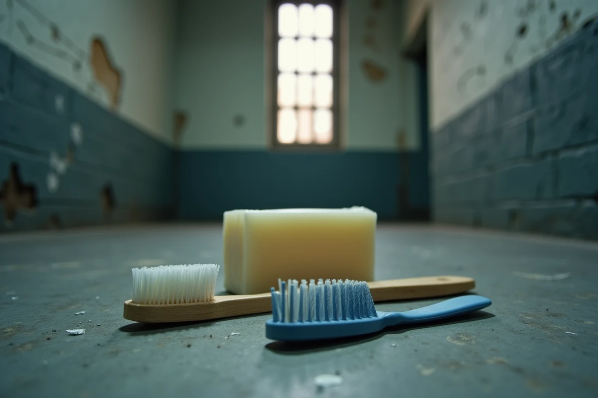 Produits d'hygiène de base autorisés en prison cantine pénitentiaire savon brosse à dents et peigne sur surface béton