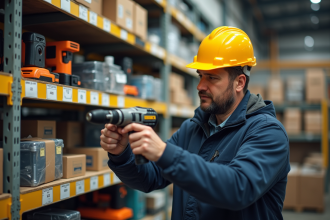 Homme en tenue de chantier inspectant des outils de construction