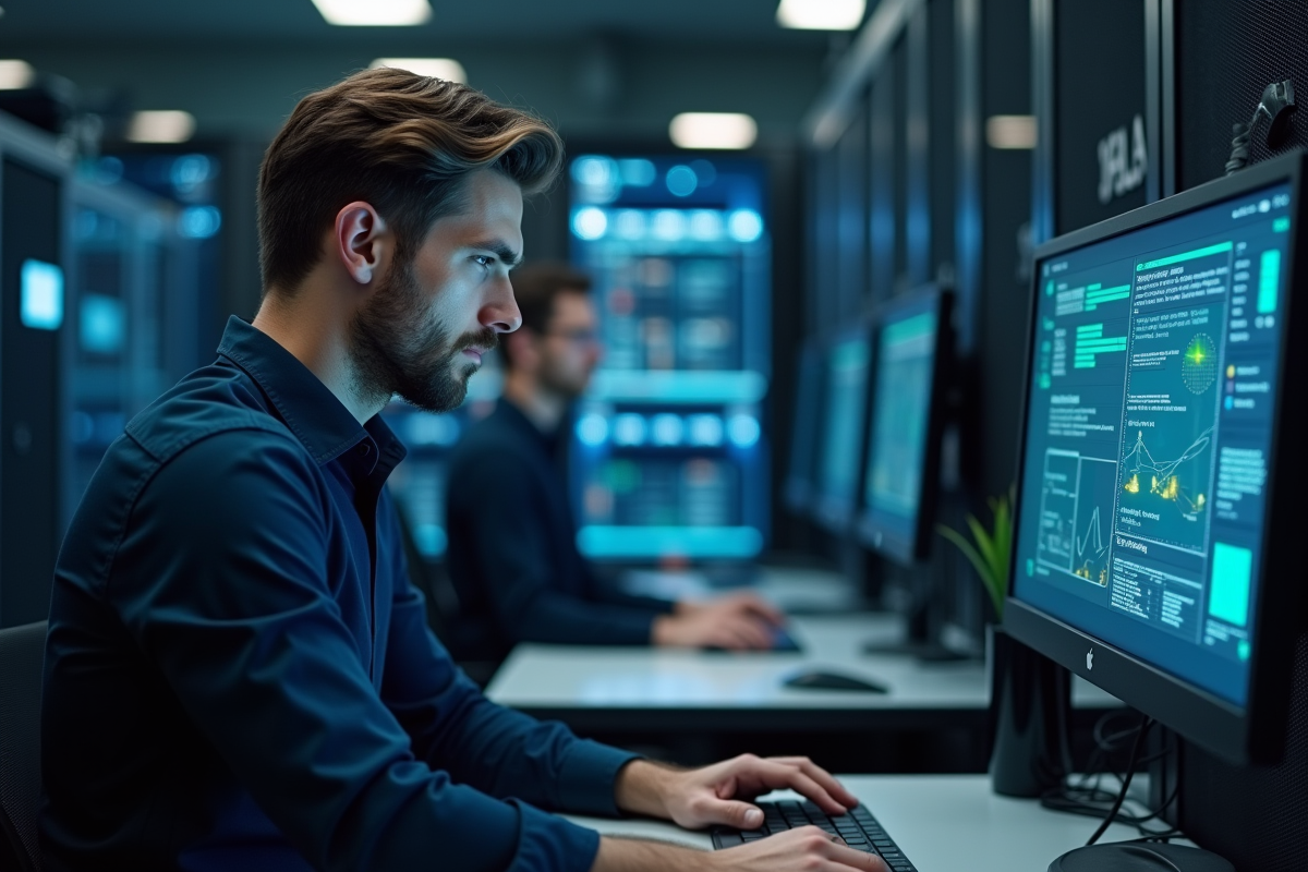 Jeune homme en informatique dans une salle serveurs moderne