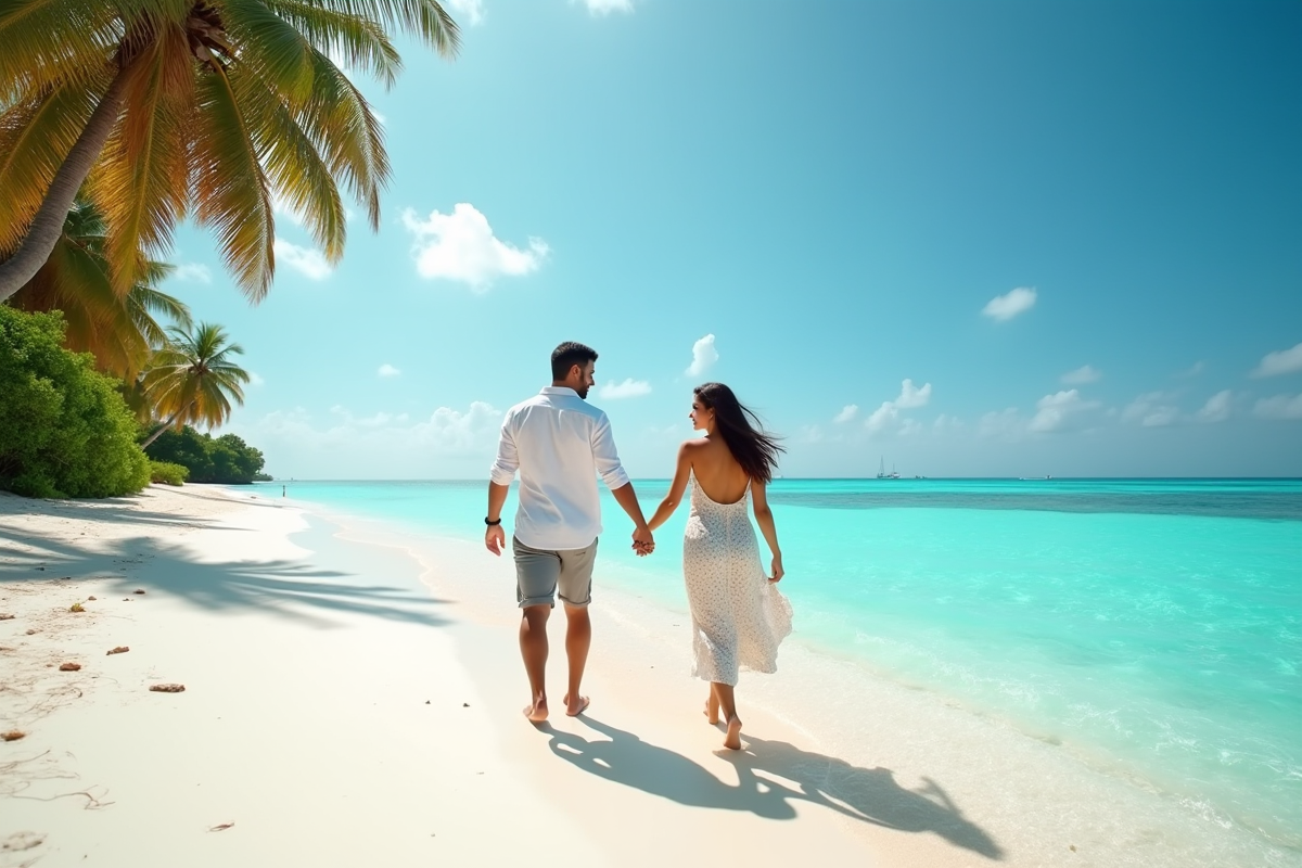 Couple main dans la main sur plage aux Maldives