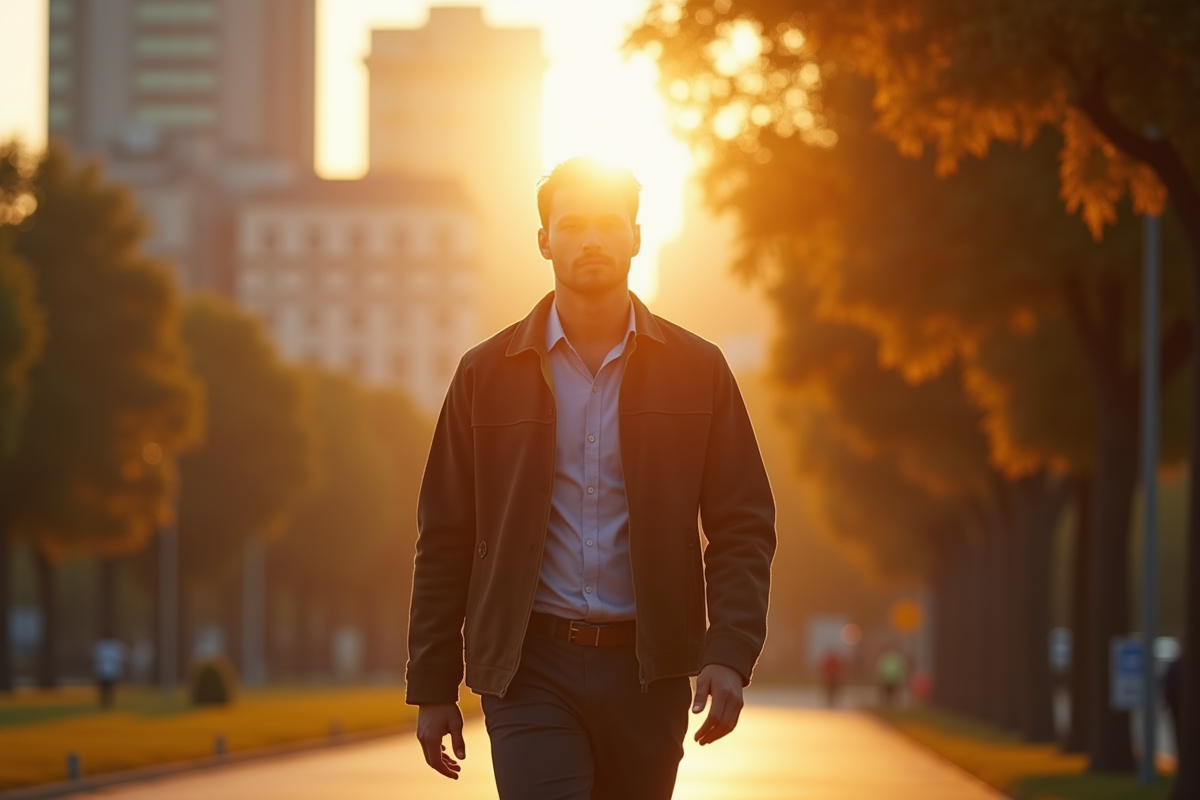 Homme marchant dans un parc urbain au coucher du soleil