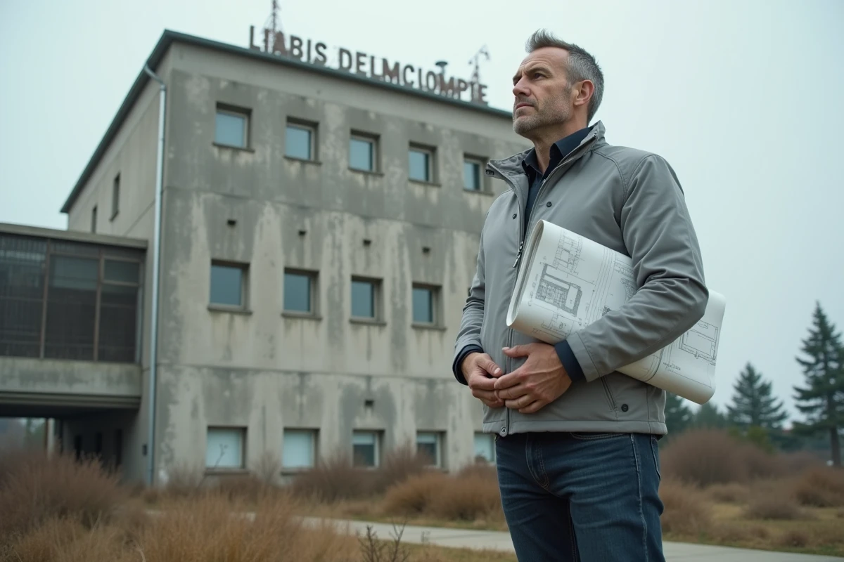 Homme d'affaires examinant la façade délabrée de l'ancien complexe Aqualud au Touquet-Paris-Plage avec des plans architecturaux