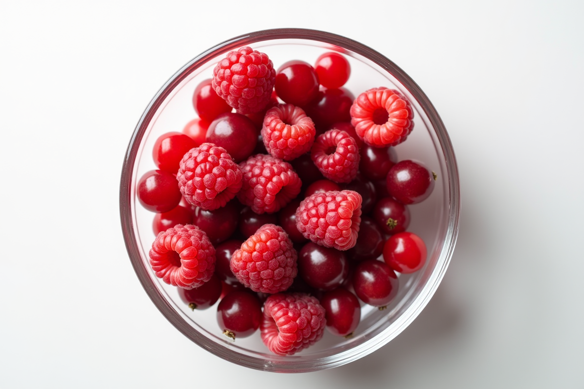 Gros plan sur des framboises et groseilles dans un bol blanc