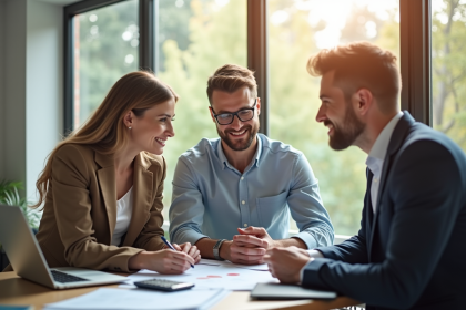 Jeune couple rencontrant un conseiller financier dans un bureau lumineux