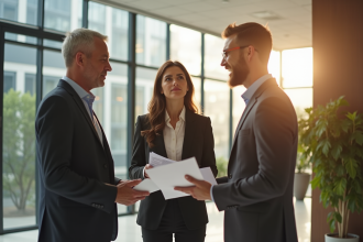 Couple professionnel discutant avec gestionnaire dans hall lumineux