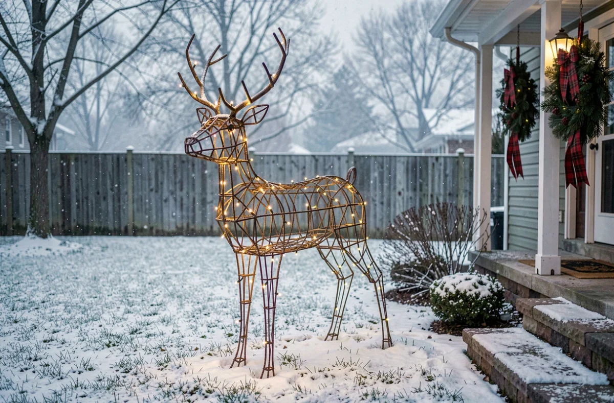 Renne décoratif en fil métallique illuminé dans un jardin enneigé pour Noël