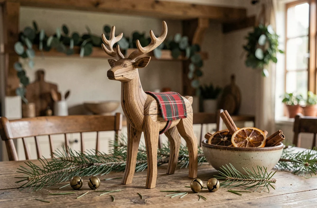 Sculpture de renne en bois artisanale sur table de Noël décorée avec clochettes en laiton et épices