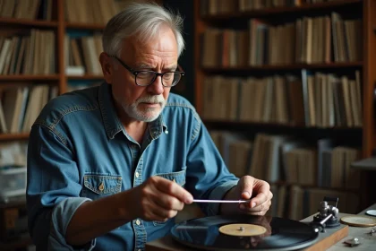 Un homme d'une cinquantaine d'années examine attentivement un disque vinyle 78 tours dans un atelier de restauration sonore