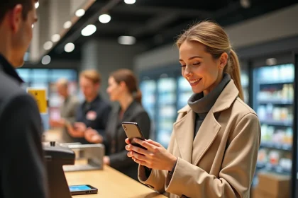 Femme récupérant un colis au comptoir de retrait d'un supermarché en montrant sa confirmation sur smartphone