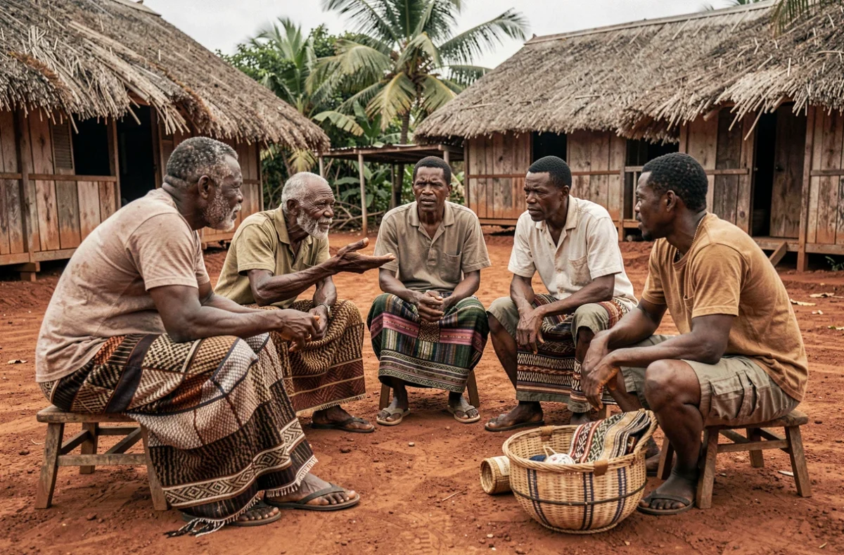 Réunion traditionnelle kanak dans un village de Nouvelle-Calédonie, discussion collective sur la résistance et l'histoire kanak