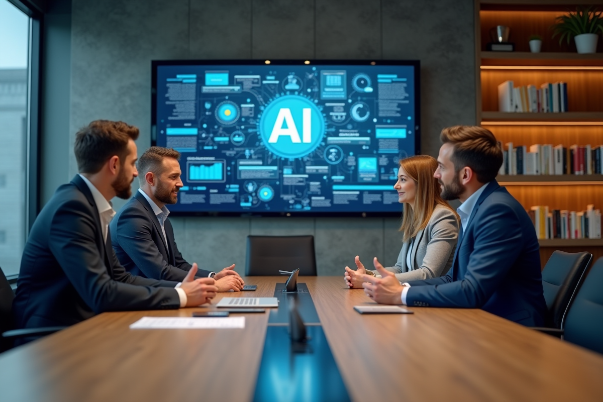 Groupe de trois professionnels discutant devant un écran numérique