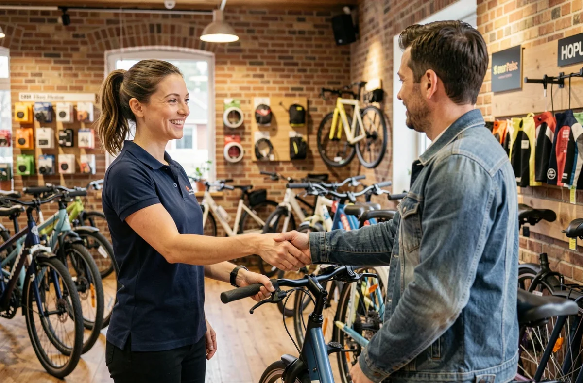 Employée de Rouen Bike remettant un vélo urbain réparé à un client satisfait dans la boutique