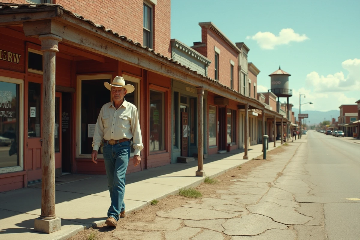 Rue principale d'une petite ville du Nevada avec des façades de magasins anciens et un homme en chapeau de cowboy