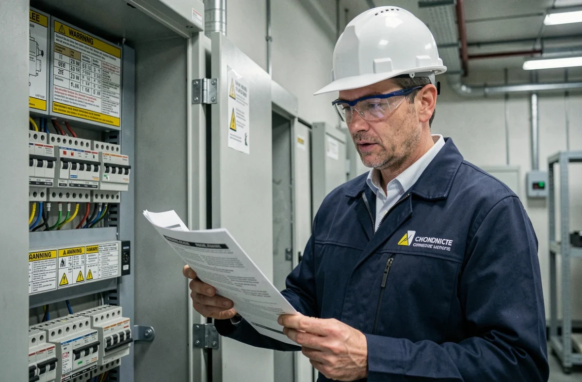 Ingénieur SafetyElec by NDIngénierie vérifiant la conformité réglementaire d'une installation électrique industrielle