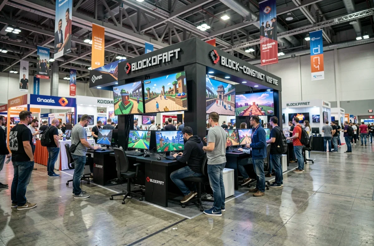 Stand d'exposition dédié à Cimentix lors d'un salon de jeux vidéo en 2026, avec visiteurs et écrans de gameplay voxel