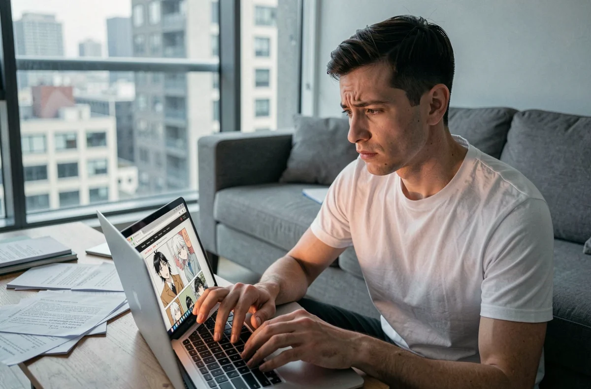 Homme consultant un site de lecture de manga en ligne sur son ordinateur portable dans un appartement moderne, évoquant les enjeux des scans numériques et la propriété intellectuelle dans l'univers manga