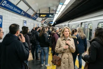Quai de métro parisien bondé à l'heure de pointe avec des voyageurs respectant la ligne jaune de sécurité