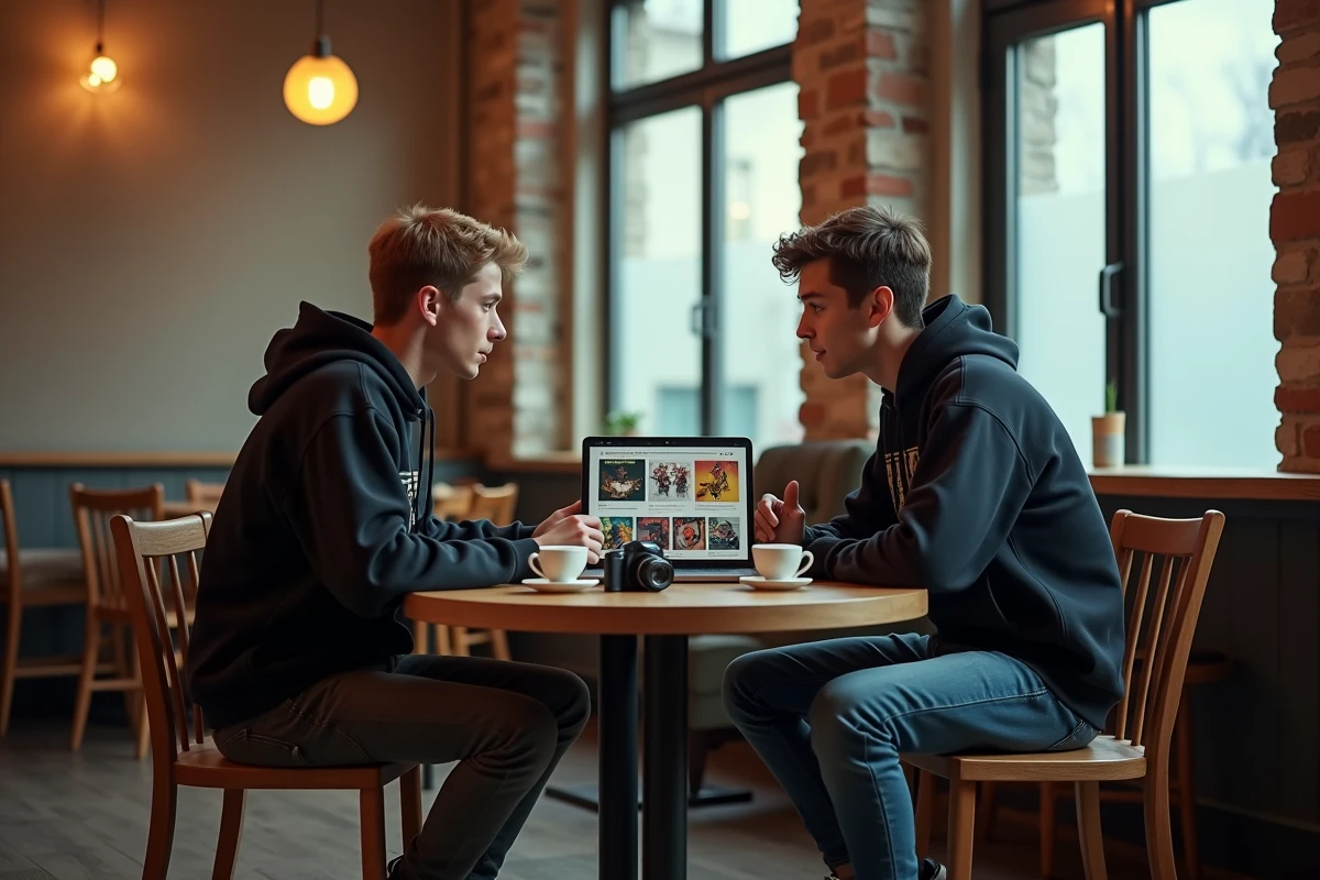 Deux jeunes hommes dans un café discutant devant un ancien blog en ligne, évoquant la culture numérique des Skyblogs et leur impact sur la pop culture française