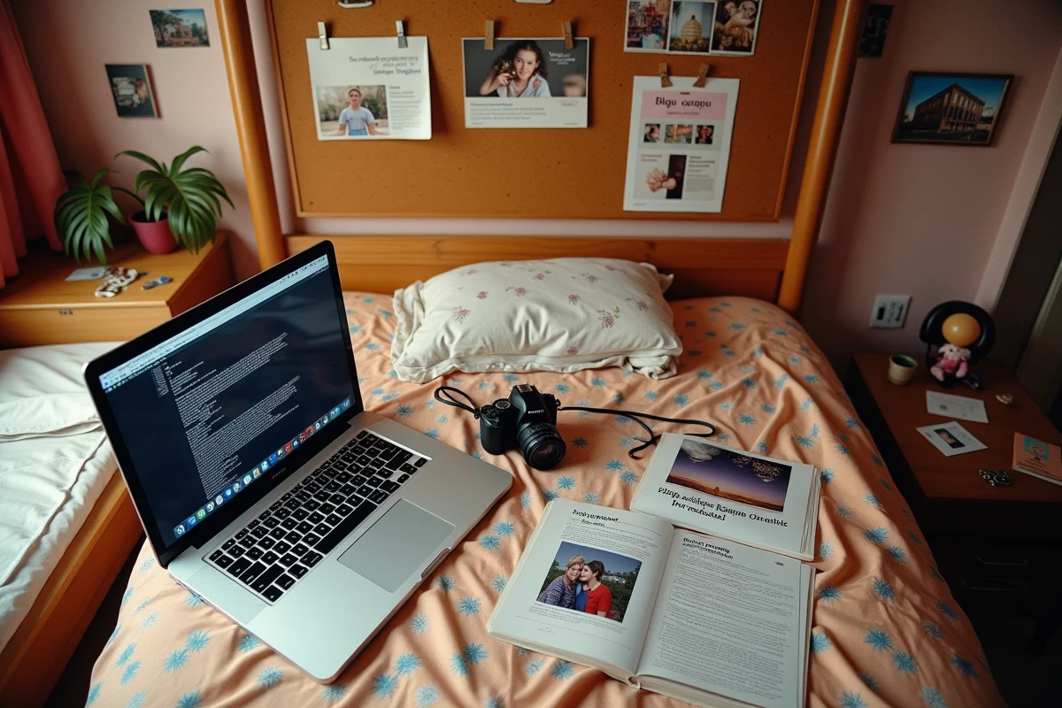 Vue de dessus d'une chambre de jeune fille années 2000 avec un ordinateur affichant un Skyblog, des photos imprimées et des accessoires pop culture de l'époque