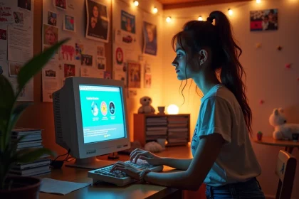 Jeune femme des années 2000 tapant sur un ordinateur dans sa chambre décorée de posters, illustrant l'époque des Skyblogs et la culture internet des débuts
