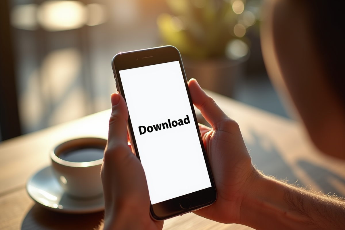 Smartphone affichant une page de téléchargement de magazine ensoleille
