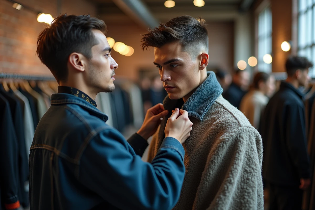 Styliste ajustant un col de mannequin en backstage