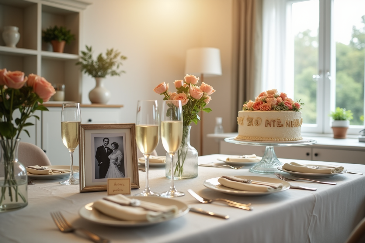 Table decorée avec gateau d anniversaire et photo de mariage
