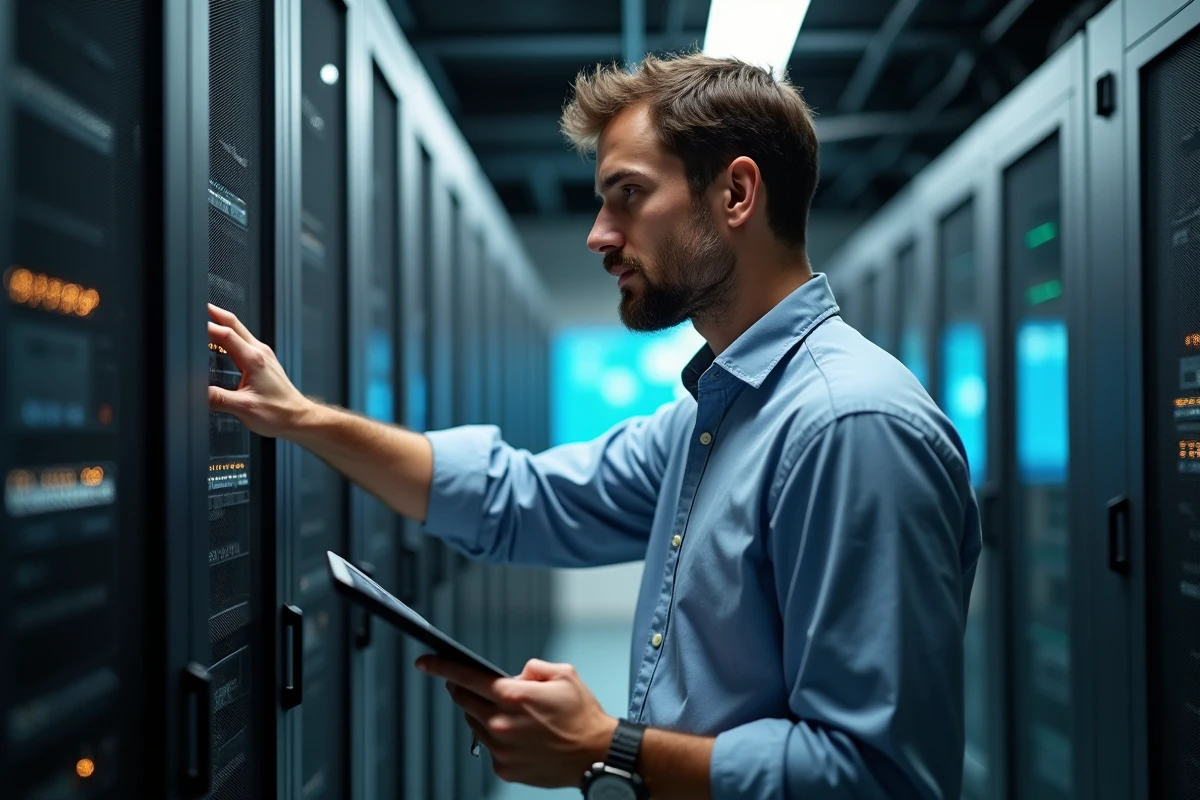 Jeune homme en tech manipulant un serveur rack