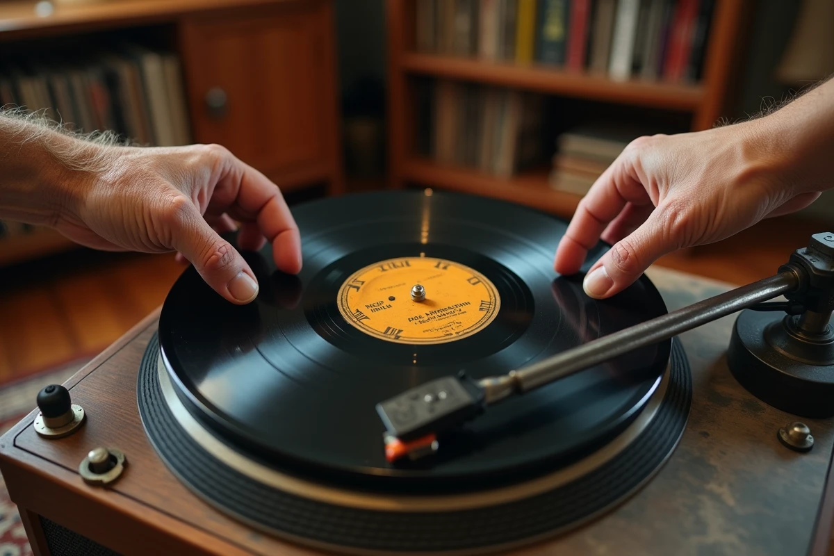 Deux paires de mains transmettent un précieux disque 78 tours au-dessus d'un tourne-disque vintage dans un salon chaleureux