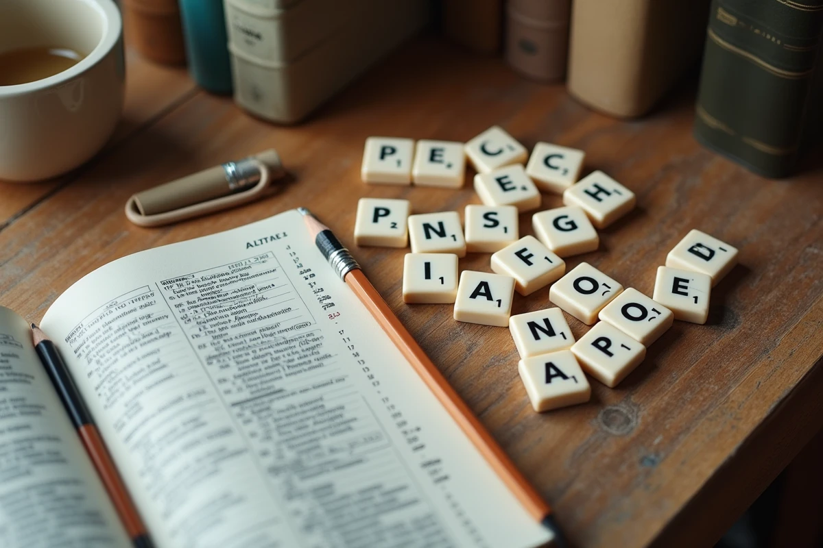 Vue à plat de tuiles de lettres et dictionnaire pour trouver un mot de 9 lettres au jeu 4 Images 1 Mot