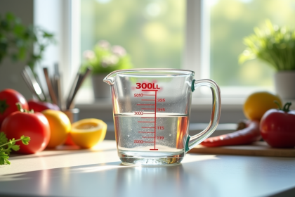 Verre mesureur d'eau de 300 ml sur plan de cuisine lumineux