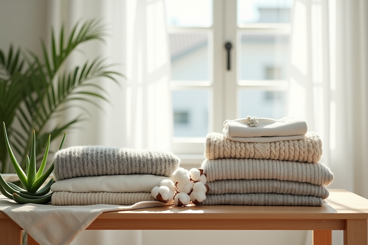 Vêtements bio en laine bambou et lin sur une table en bois dans une maison lumineuse