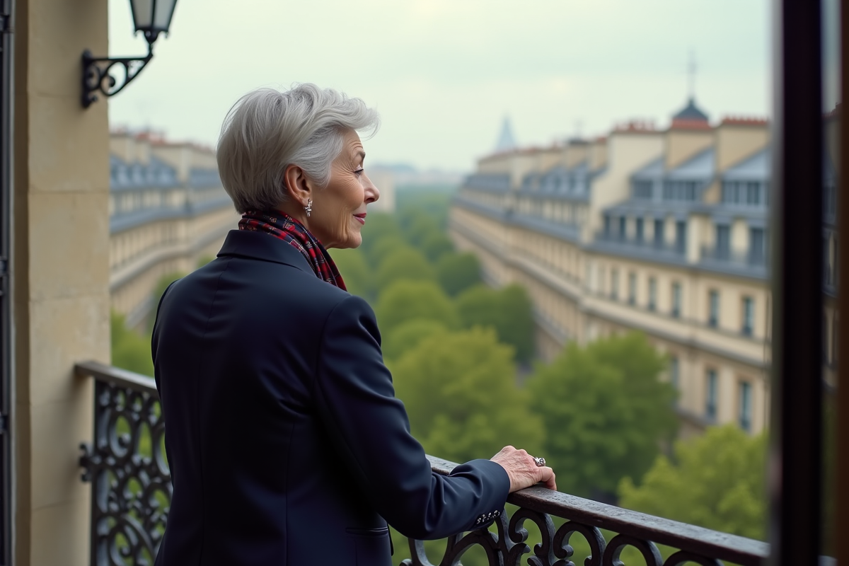 Femme agee elegante sur balcon parisien avec vue sur la ville