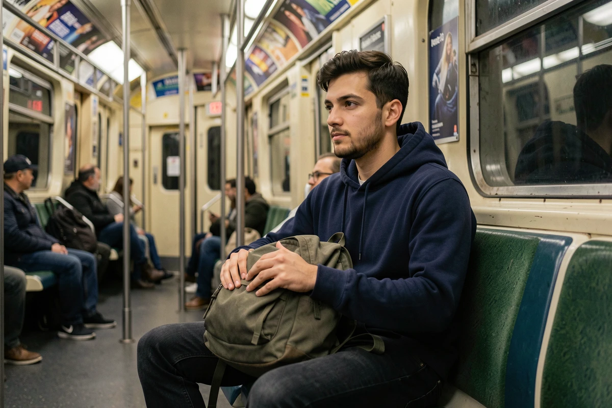 Jeune homme vigilant dans une rame de métro parisien tenant son sac à dos sur ses genoux pour éviter le vol