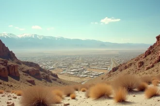 Vue panoramique d'une petite ville du Nevada entourée de désert aride et de montagnes enneigées au loin