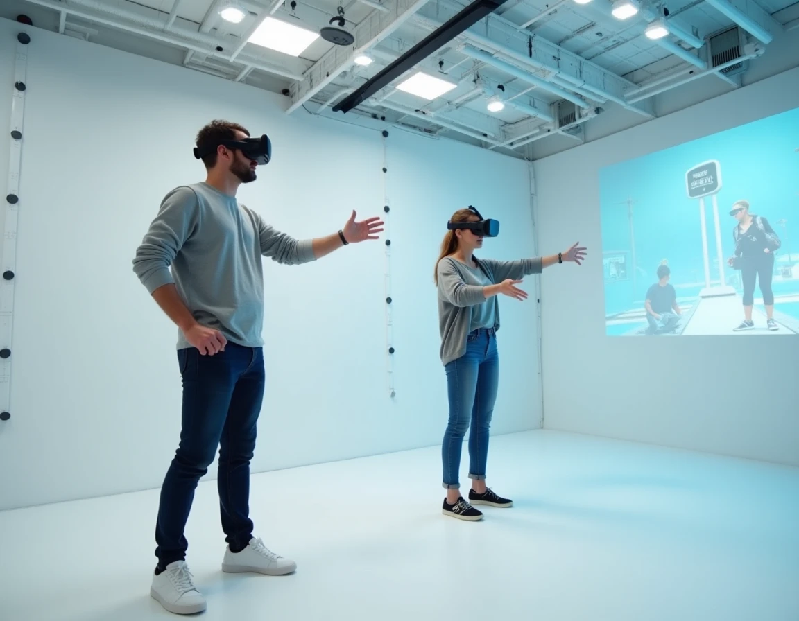 Deux joueurs en casque VR découvrant une expérience de réalité virtuelle chez Virtual Xpérience à Tours