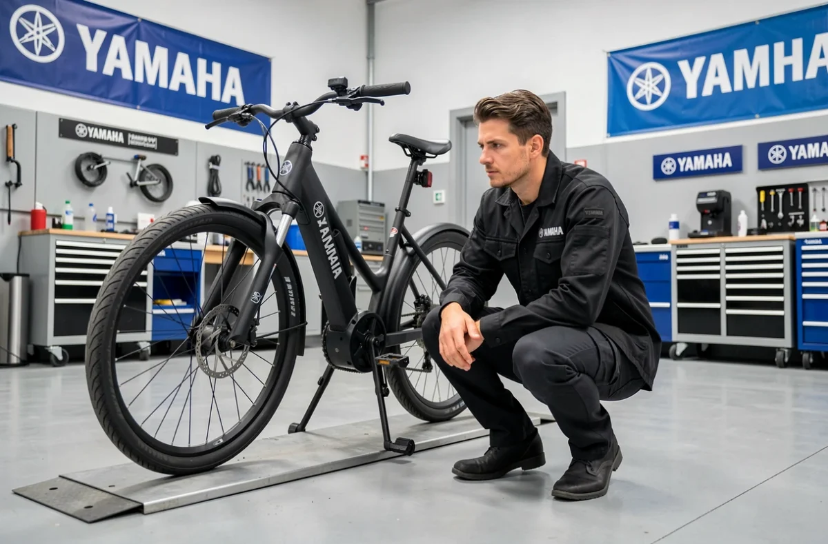 Technicien Yamaha Flash 76 travaillant sur un vélo électrique surélevé dans l'atelier de la concession